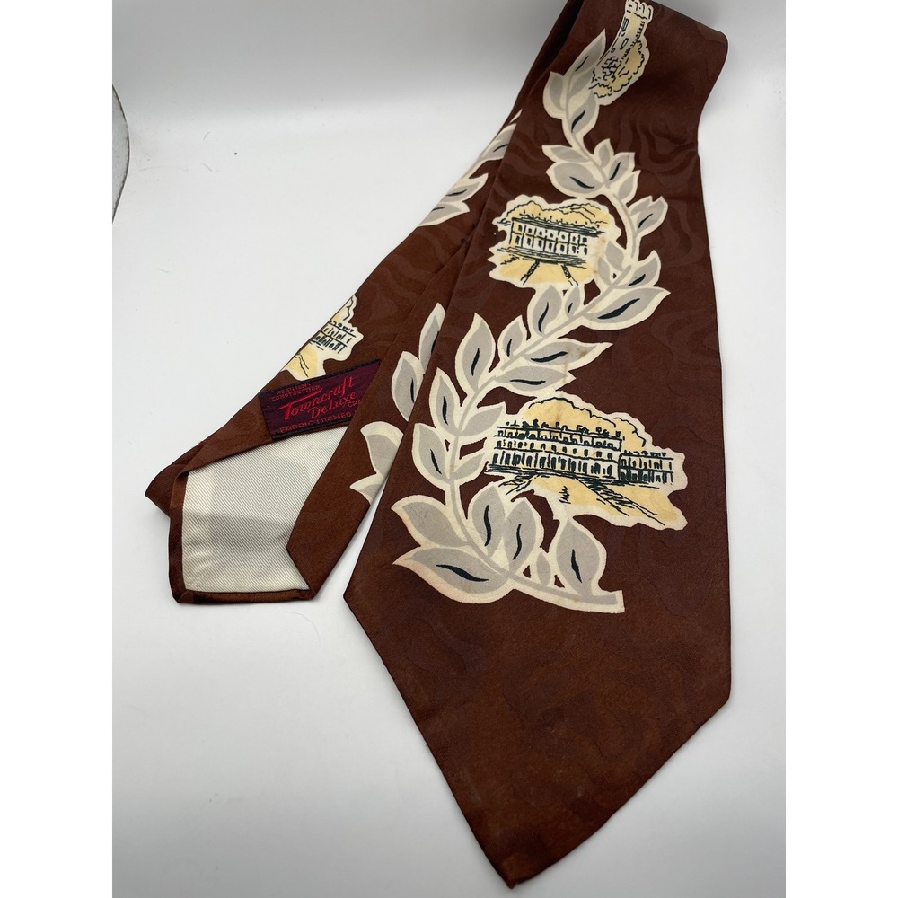 Vintage Towncraft Deluxe Brown Jacquard Hand Painted Architecture Swing Tie